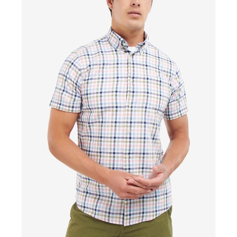 Barbour Mens Kinson Tailored Short Sleeve Button Down  ShirtGingham Pink Medium