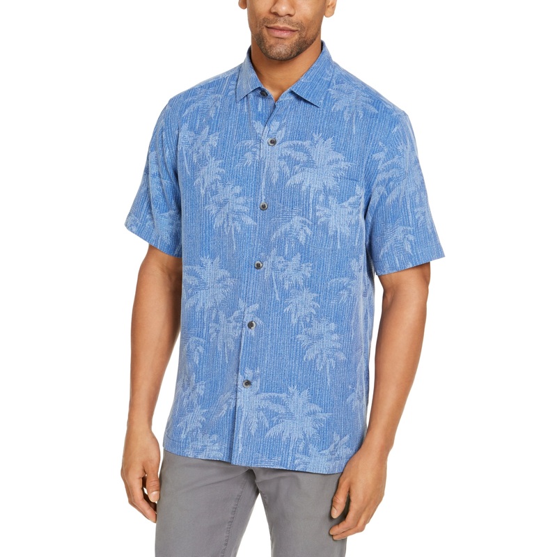 Tommy Bahama Mens Tropical Print Silk Shirt Large Cobalt Sea Blue