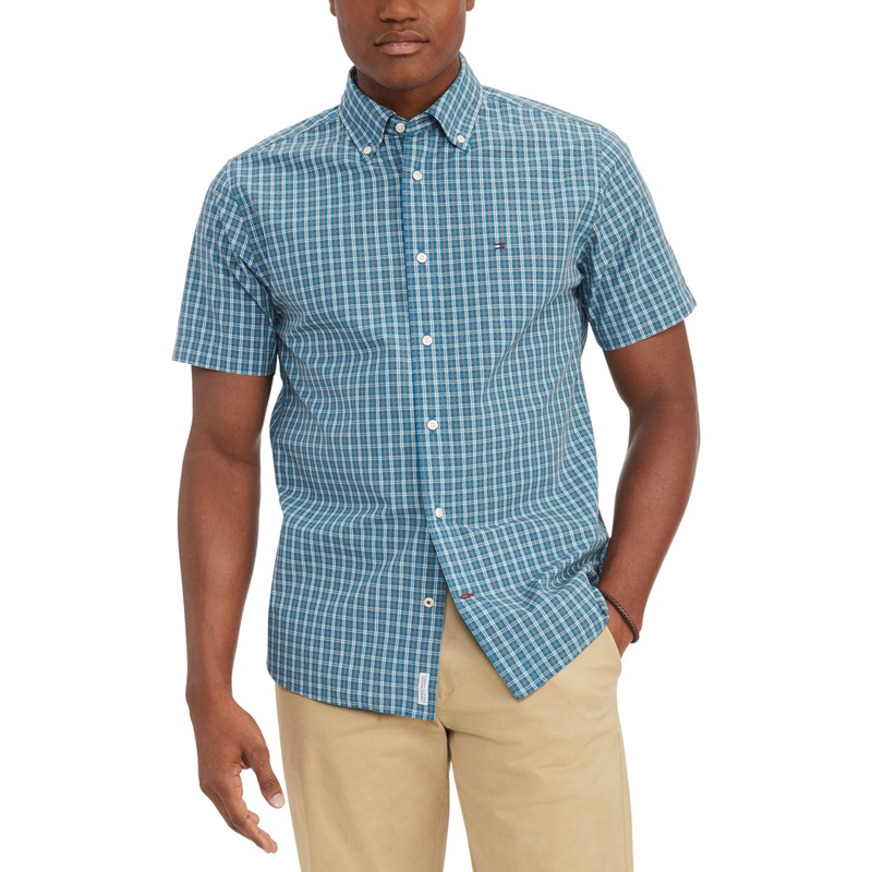 Tommy Hilfiger Men's Short Sleeve Button Down Poplin Shirt Aqua Large