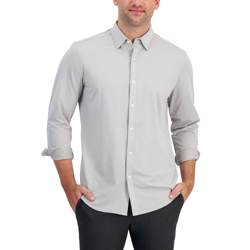 Alfani Mens Alfatech Yarn-Dyed Button Down Shirt XXL 2XL Grey Smoked Taupe