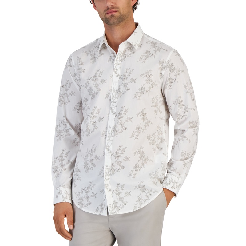 Alfani Mens Dotted Floral Print Long Sleeve Button Down Shirt Bright White Large