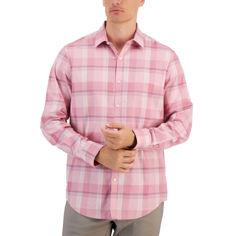 Alfani Mens Lomia Regular Fit Yarn Dyed Button Down Shirt Rose Pink Large