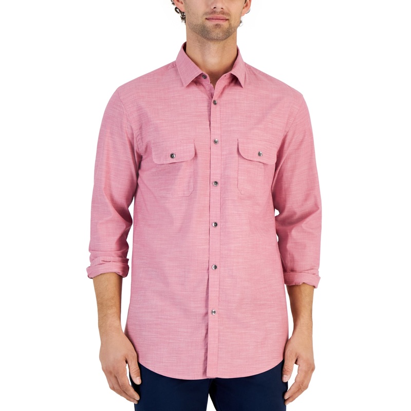 Alfani Mens Regular Fit Button Down Shirt Smudge Cranberry Pink XL