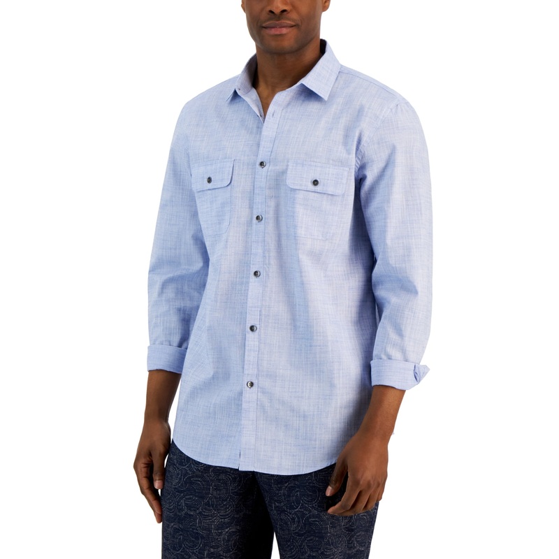 Alfani Mens Regular Fit Solid Button Down Shirt Blue Bright XL