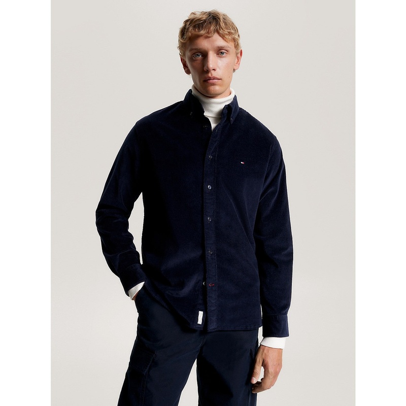 Tommy Hilfiger Mens Regular Fit Button Down Corduroy Shirt Navy Blue Medium