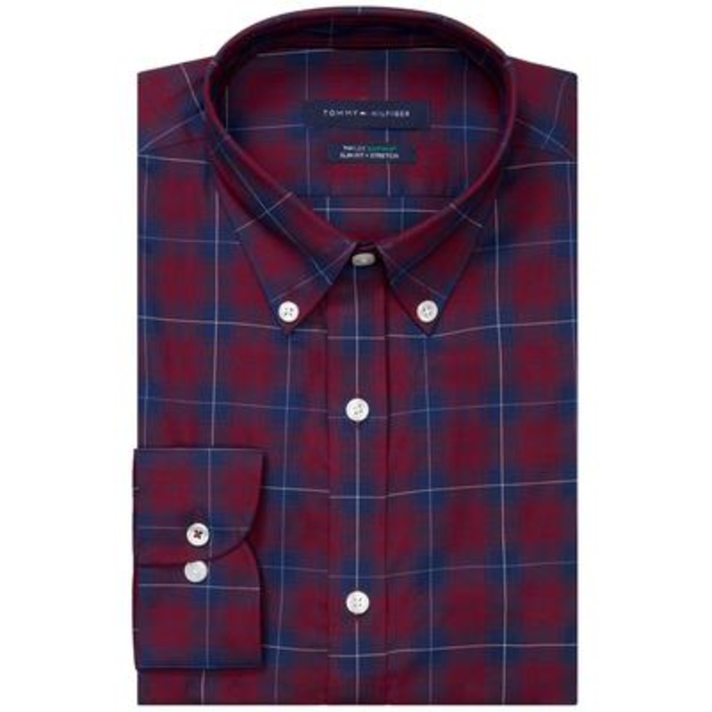 Tommy Hilfiger Mens Slim Fit Stretch Button Down Shirt Plaid Burgundy 17 32 33