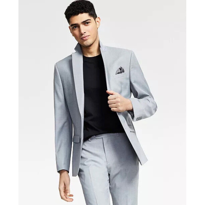 BAR III Men's Suit Jacket Solid Light Grey 46L Slim-Fit Sharkskin 2 Button