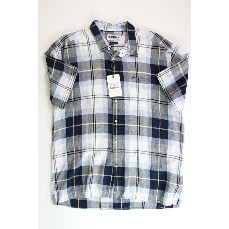BARBOUR Mens Croft Short Sleeve Button Linen Shirt Large Navy Tartan Plaid