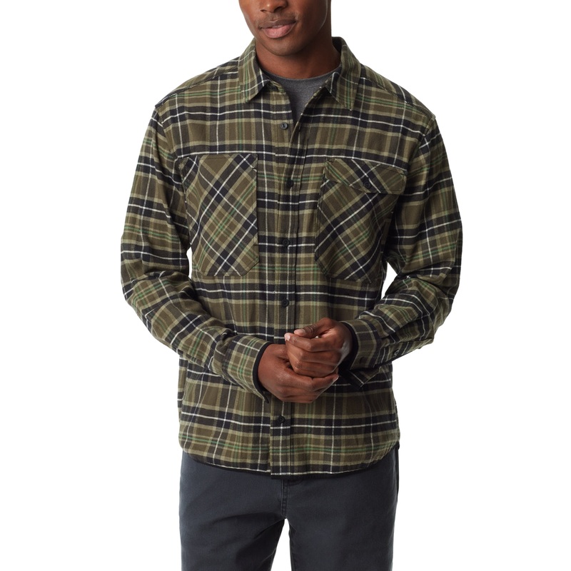 BASS OUTDOOR Mens Flannel Button Down Shirt Plaid Forest Night Green Large