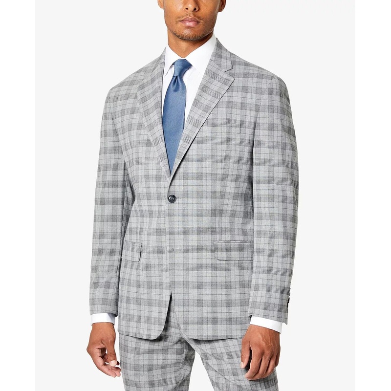 Sean John Men's Suit Jacket Grey Plaid 46R Classic Fit Patterned