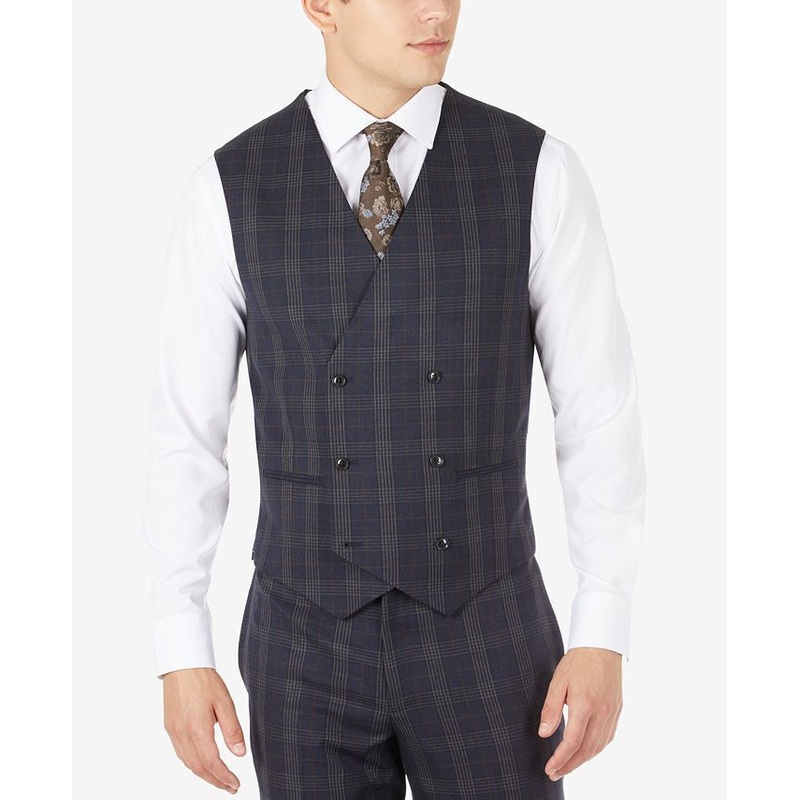 TALLIA Men's Slim-Fit Wool Plaid Suit Vest XXL Navy Blue Grey