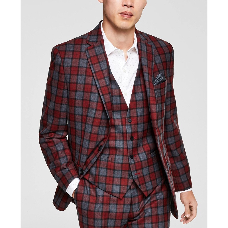Bar III Men's Slim-Fit Red Gray Plaid Suit Jacket 36S