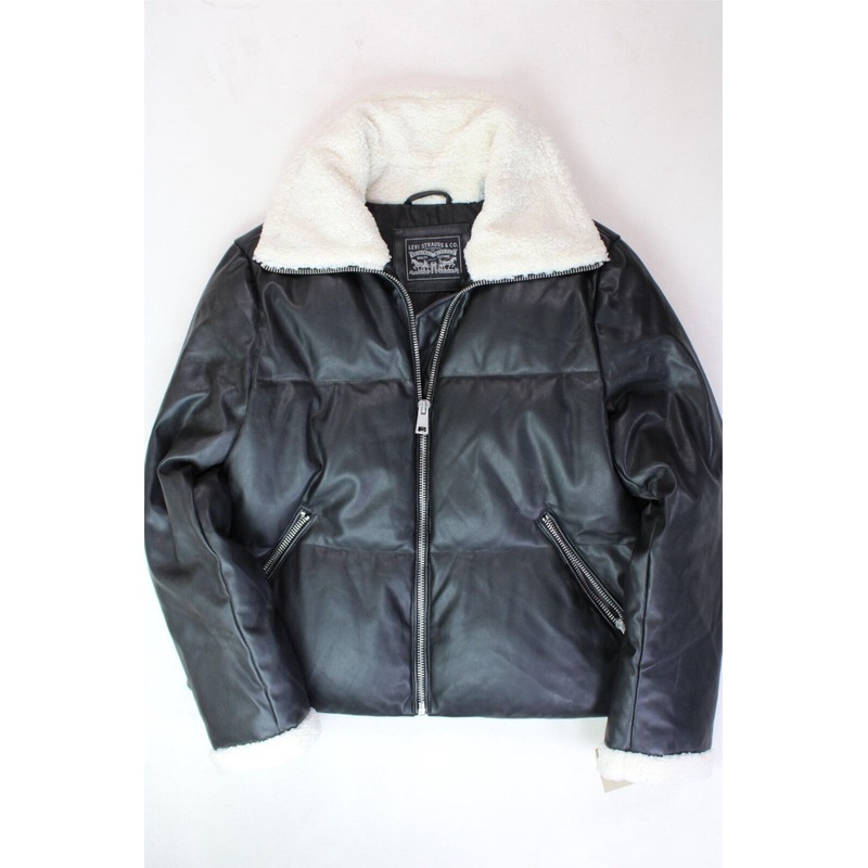 LEVI'S Womens Faux-Leather Puffer Coat Jacket Large Black White