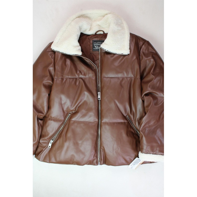 LEVI'S Womens Plus Size Sherpa-Trimmed Faux-Leather Puffer Coat 2X Brown