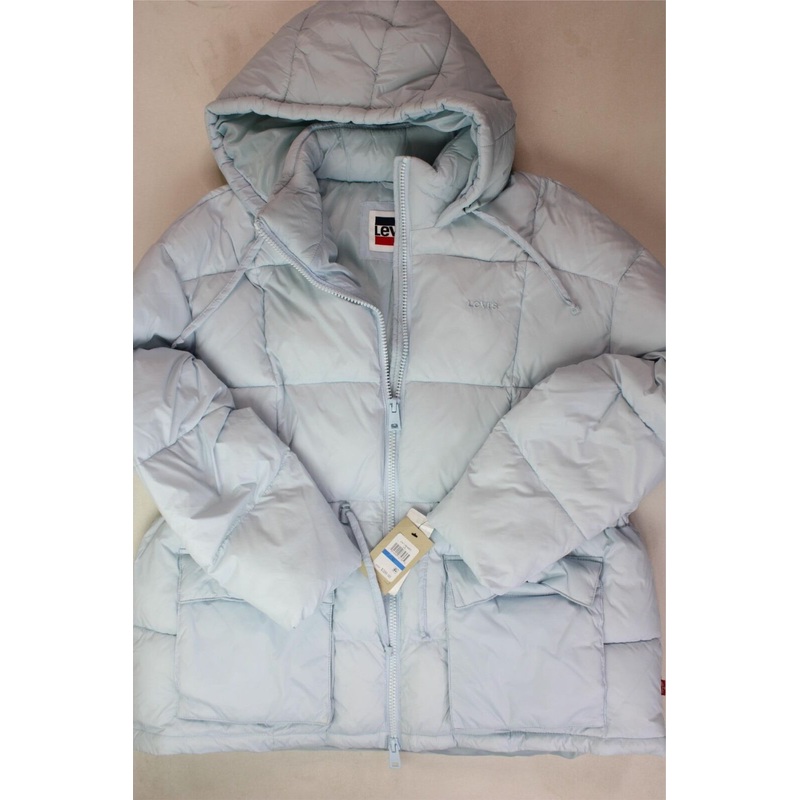 LEVI'S Womens Quilted Hooded Puffer Coat with Cinch Waist XL Light Blue