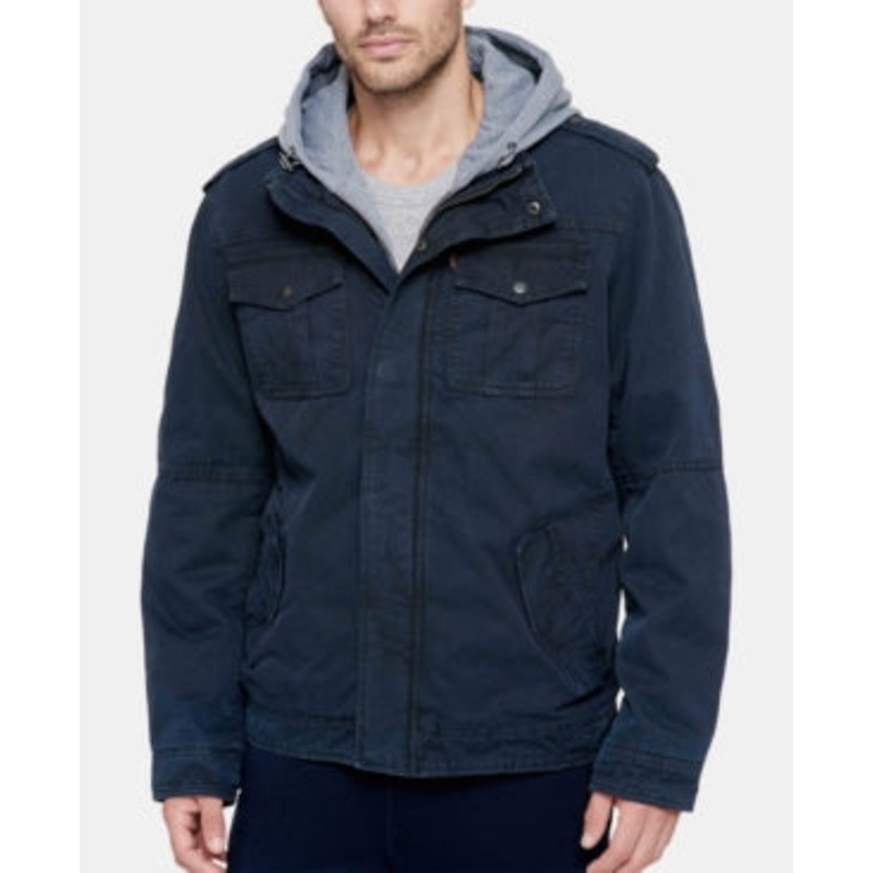 Levis Mens L64 Hooded Trucker Jacket Coat Navy Blue Large