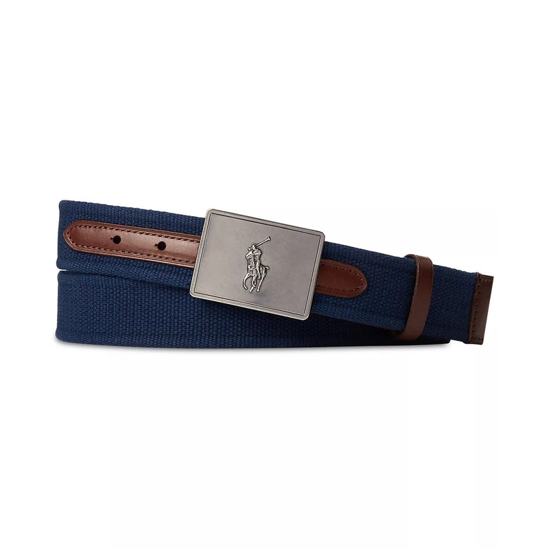 Polo Ralph Lauren Mens Pony Plaque Canvas & Leather Belt Blue Size 42