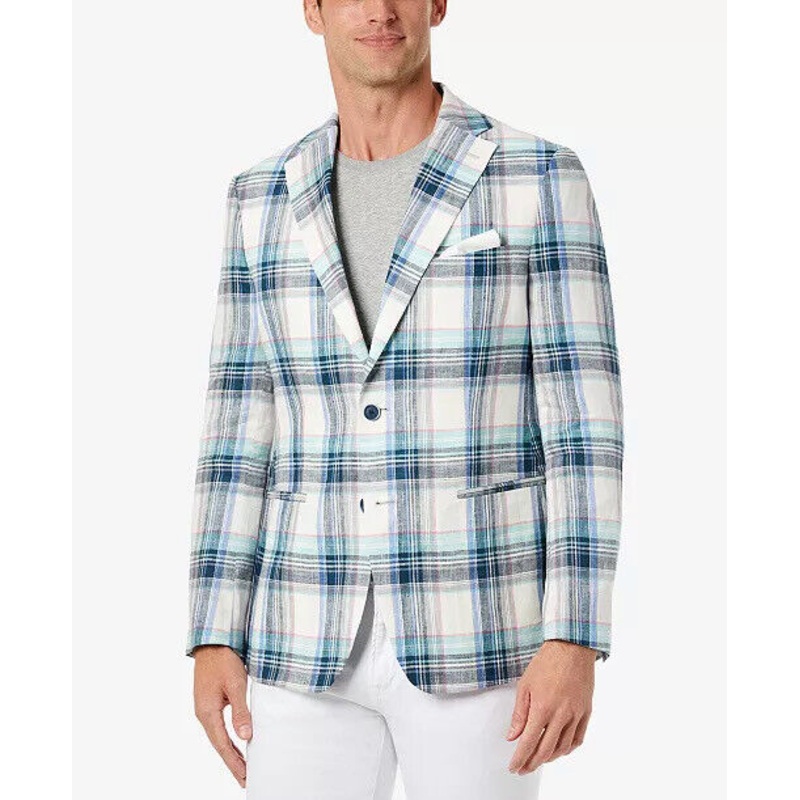 TALLIA Men's Slim-Fit Multicolor Plaid Blazer Blue 46R Sport Coat Linen 2 Button