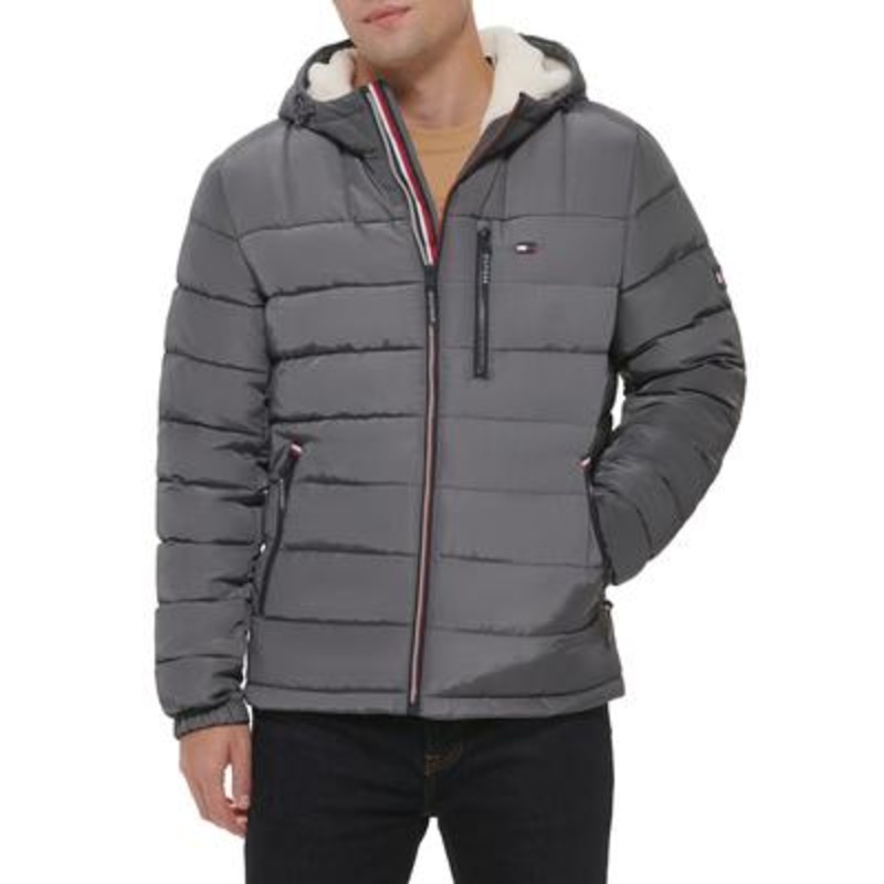 Tommy Hilfiger Mens Fitted Sherpa Lined Hood Puffer Jacket Charcoal Small
