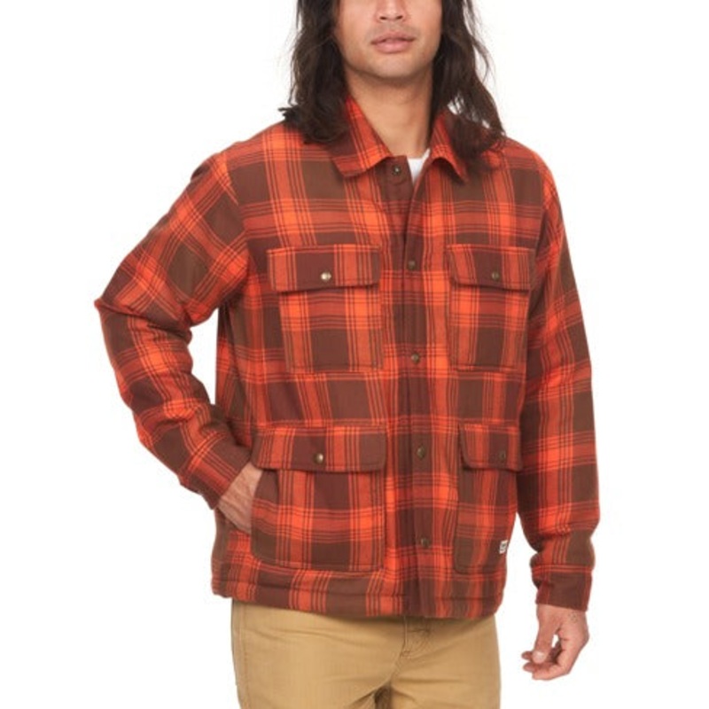 Marmot Mens Ridgefield Fleece Flannel Shirt Jacket Coat Brown Red Medium