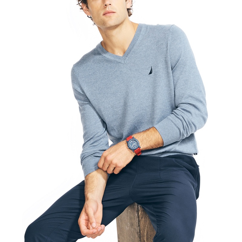 Nautica Mens Lightweight V Neck Sweater Anchor Heather Blue Medium