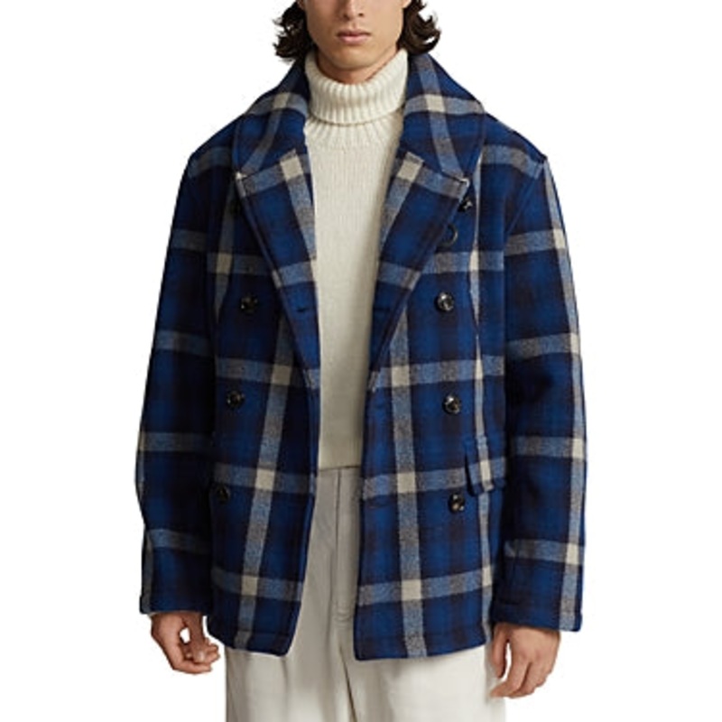 Polo Ralph Lauren Men Wool Blend Plaid Double Breasted Ranch Pea Coat Large Blue