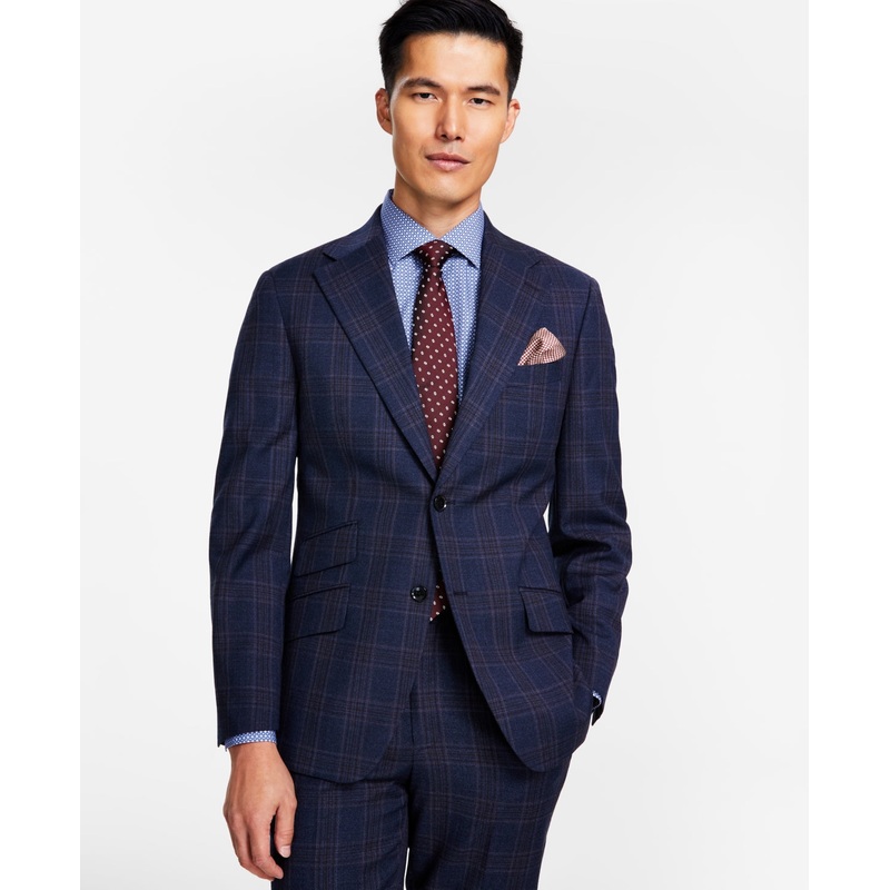 Tallia Mens Slim Fit Sport Coat Blazer Plaid Blue Brown 36R