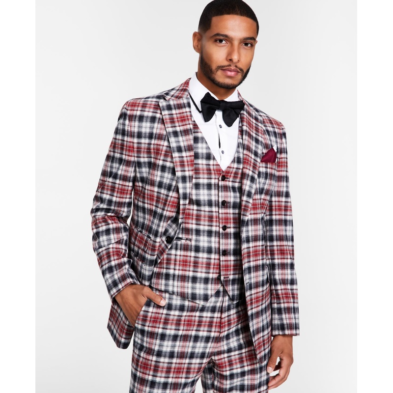 Tayion Collection Men's Classic Fit Suit Jacket Black Red Plaid 44R