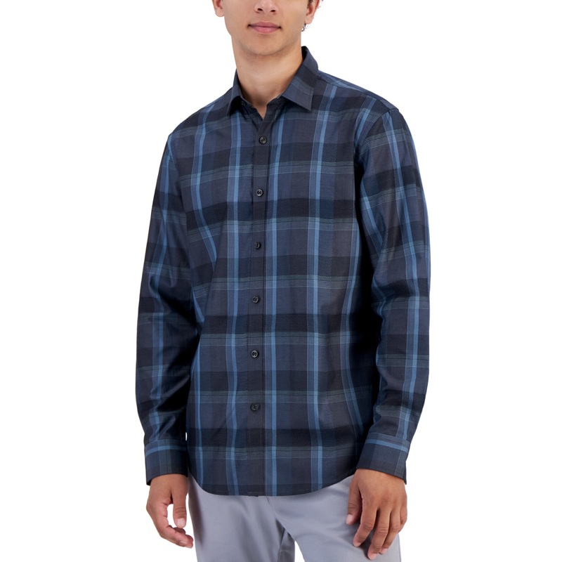Alfani Mens Lomia Regular Fit Button Down Shirt Blue Black 3XL