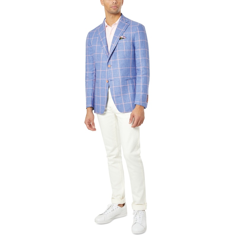 Tallia Mens Slim Fit Linen Sport Coat Blazer Pink Blue 36S Windowpane Plaid