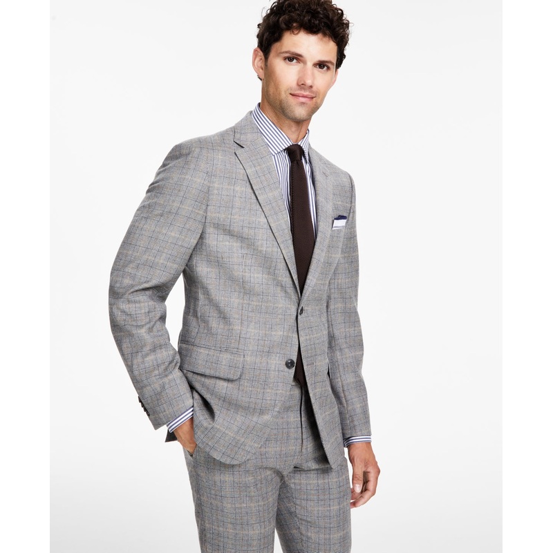 Tommy Hilfiger Mens Modern Fit Stretch Wool Sport Coat Blazer Grey Camel Plaid 46R