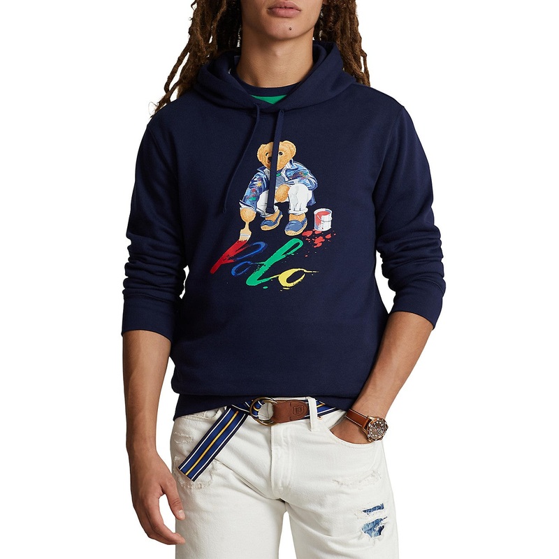 Polo Ralph Lauren Men's Bear Paint Graphic Fleece Sweatshirt Hoodie Blue Large