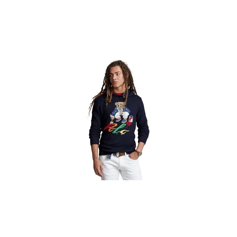 Polo Ralph Lauren Men's Bear Paint Graphic Fleece Sweatshirt Hoodie Blue XL