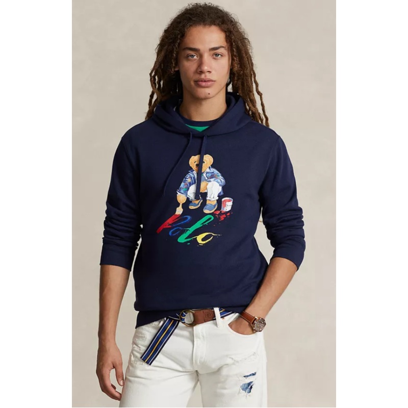 Polo Ralph Lauren Men's Bear Paint Graphic Sweatshirt Fleece Hoodie Blue 2XL