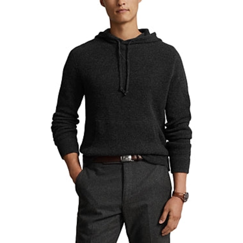 Polo Ralph Lauren Mens Cashmere Waffle Knit Hooded Sweater Granite Grey XL