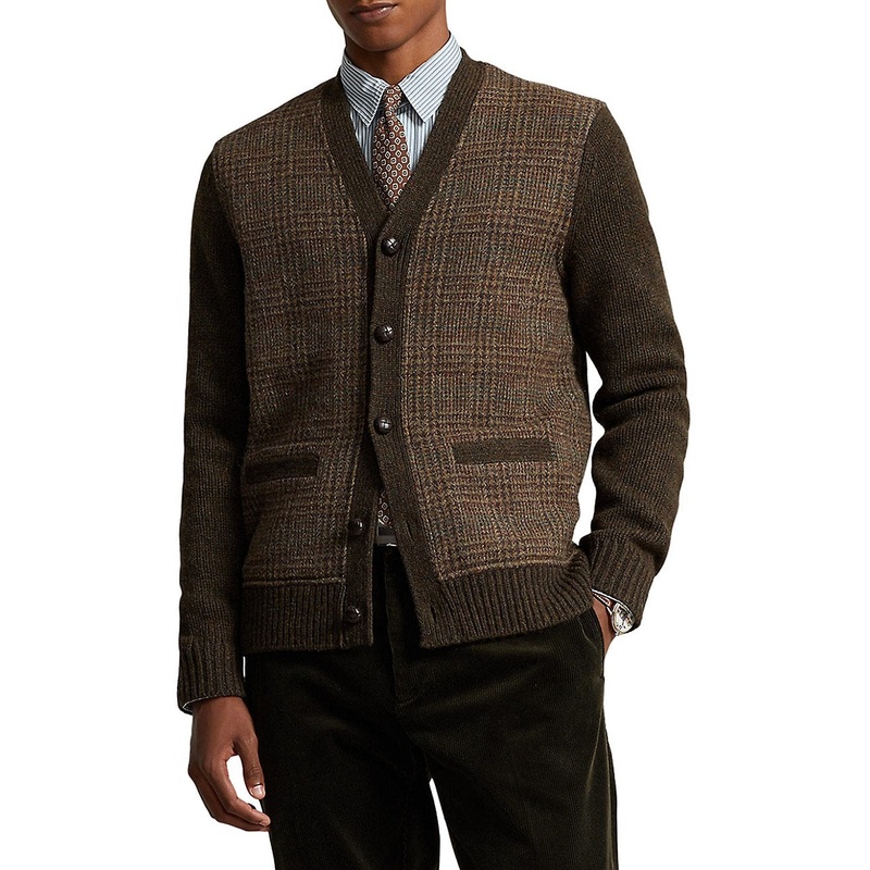 Polo Ralph Lauren Mens Glen Plaid Wool Cardigan Sweater Large Brown