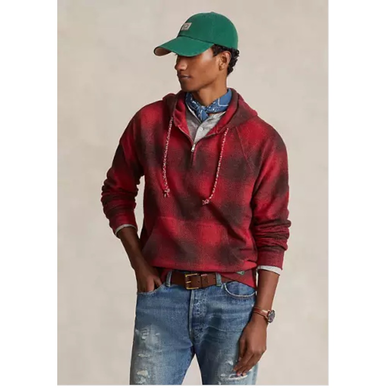Polo Ralph Lauren Mens Plaid Brushed Fleece Half Zip Pullover Hoodie Red Medium