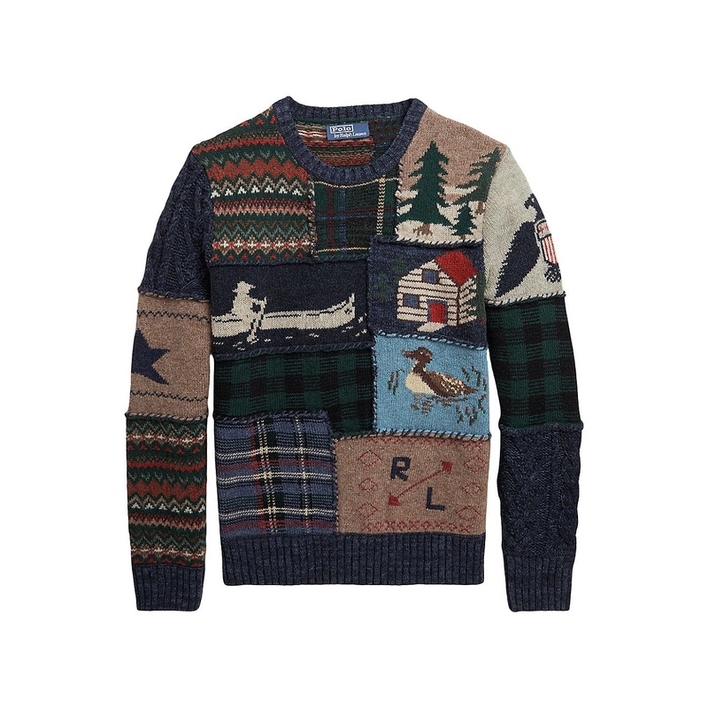 Polo Ralph Lauren Mens Regular Fit Patchwork Crewneck Sweater Large Wool