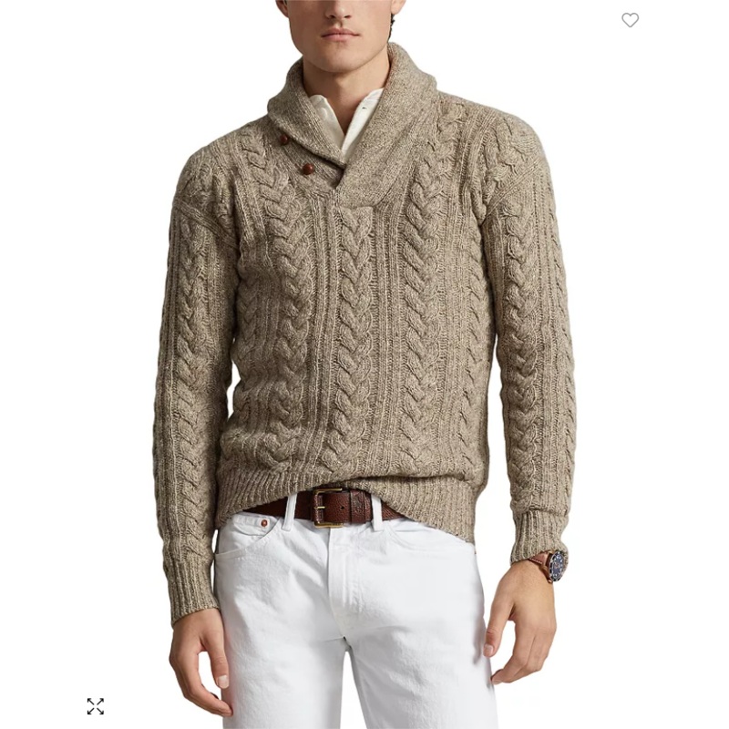 Polo Ralph Lauren Mens Wool Blend Cable Knit Shawl Collar Sweater Brown XL