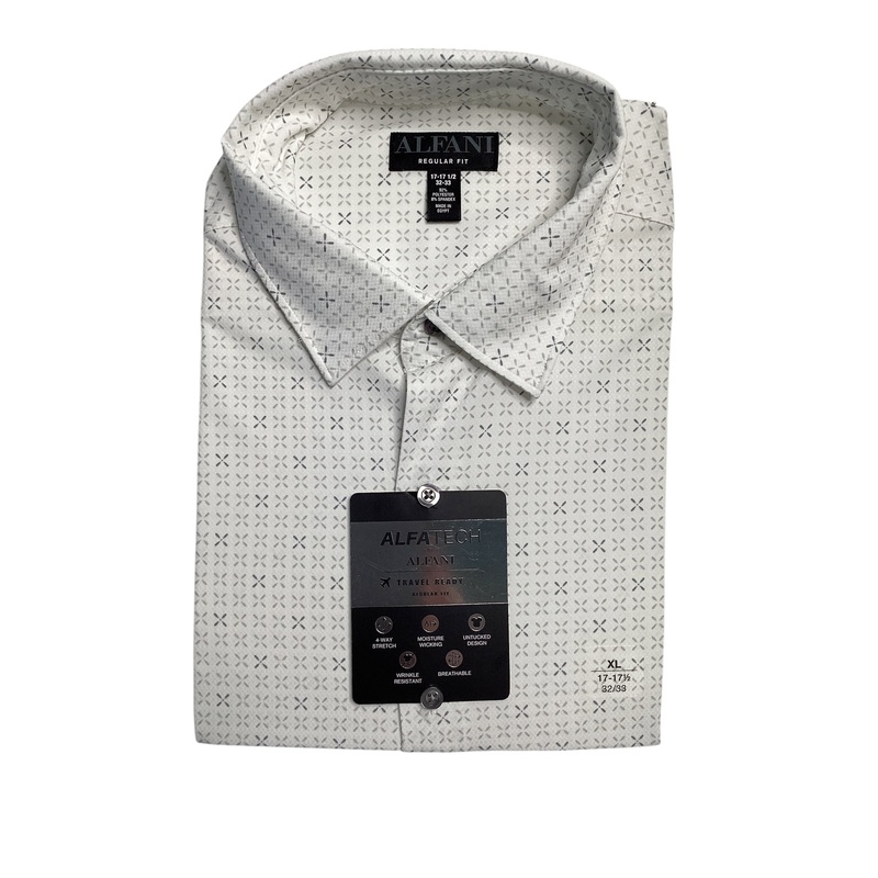 Alfani Men's Geo Print Button Down Dress Shirt White Grey 17 17.5 36 37
