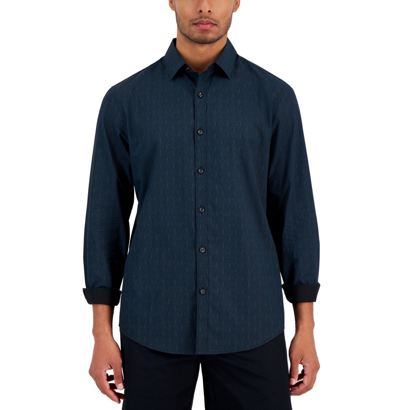 Alfani Men's Long Sleeve Geo Print Button Down Shirt Deep Black XL