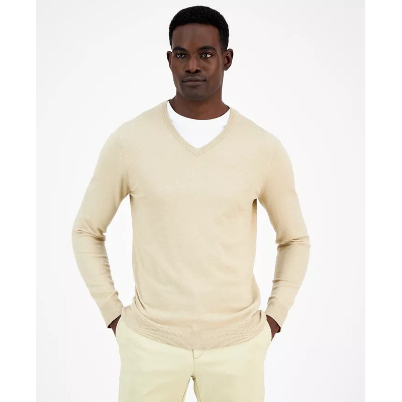 Alfani Men's Solid V Neck Cotton Sweater Twill Heather Beige Small