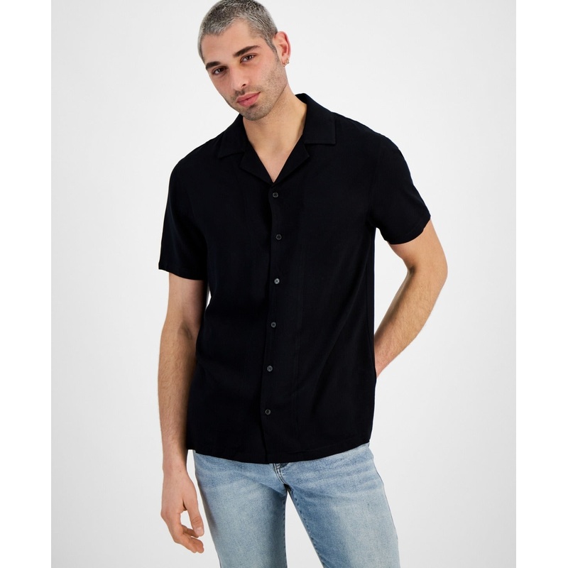 And Now This Men's Challis Short Sleeve Button Up Resort Shirt Large Black