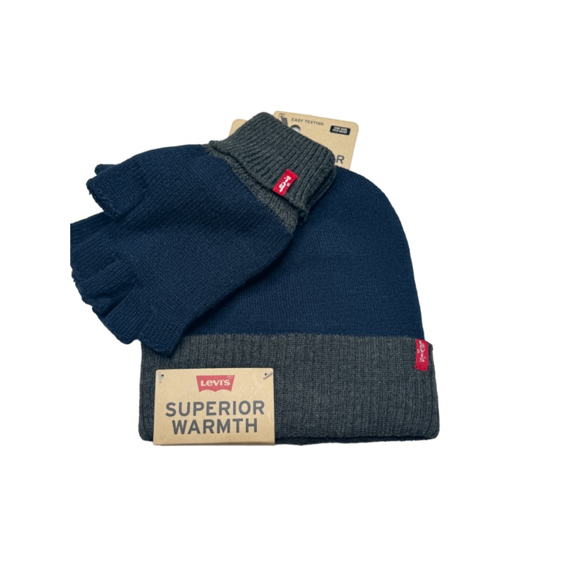 Levi's Men's Reversible Beanie and Fingerless Glove Set  2 Piece Navy One Size