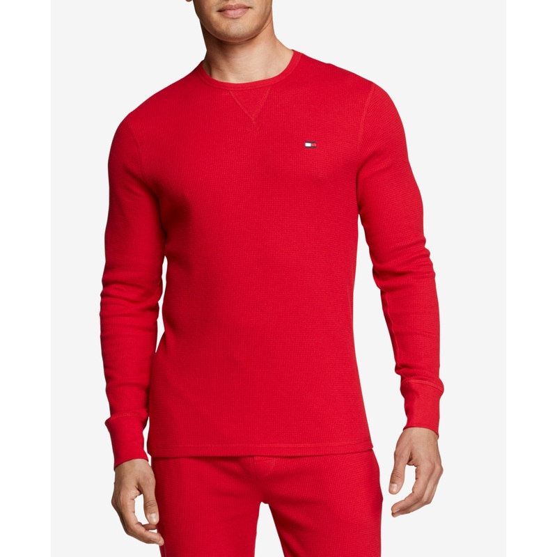 Tommy Hilfiger Men's Waffle Knit Long Sleeve T Shirt Red  Medium