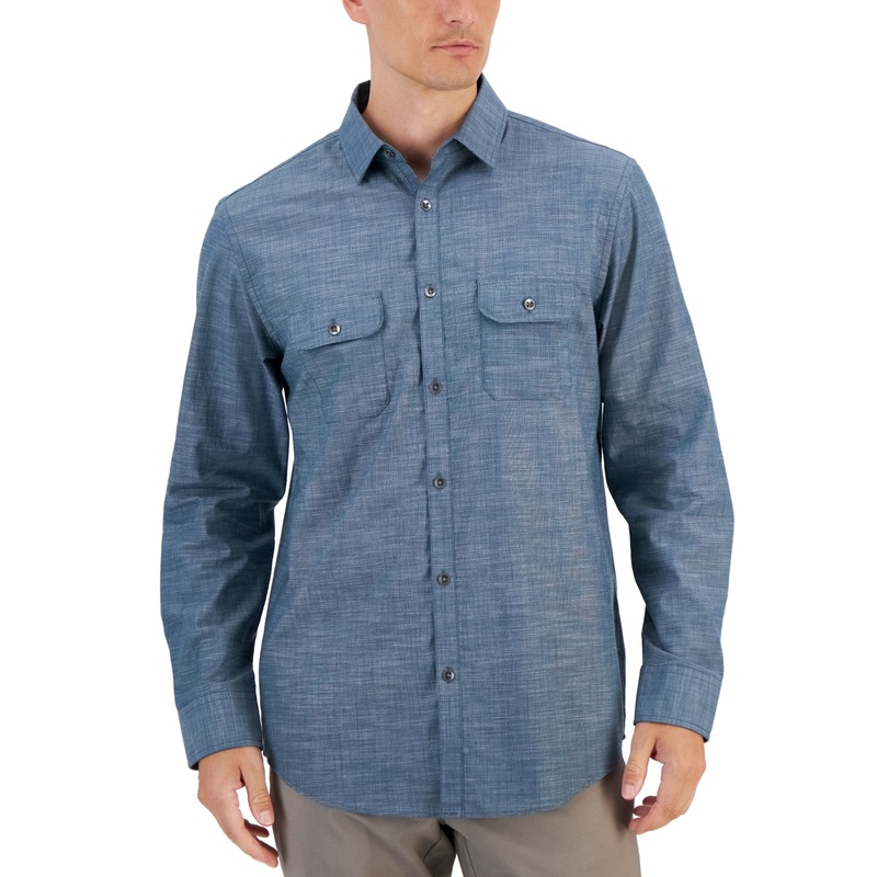 Alfani Mens Regular Fit Solid Button Down Shirt Dark Kale Blue Large