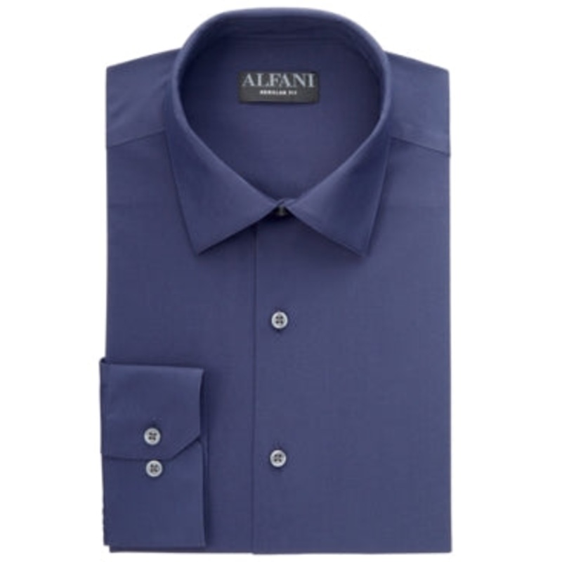 Alfani Mens Solid Button Down Dress Shirt Navy Blue 17 17.5 32 33