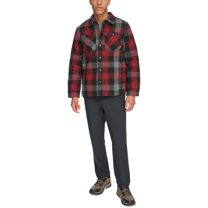 BASS OUTDOOR Mens Mission Field Sherpa Lined Shirt Red Grey Plaid Large