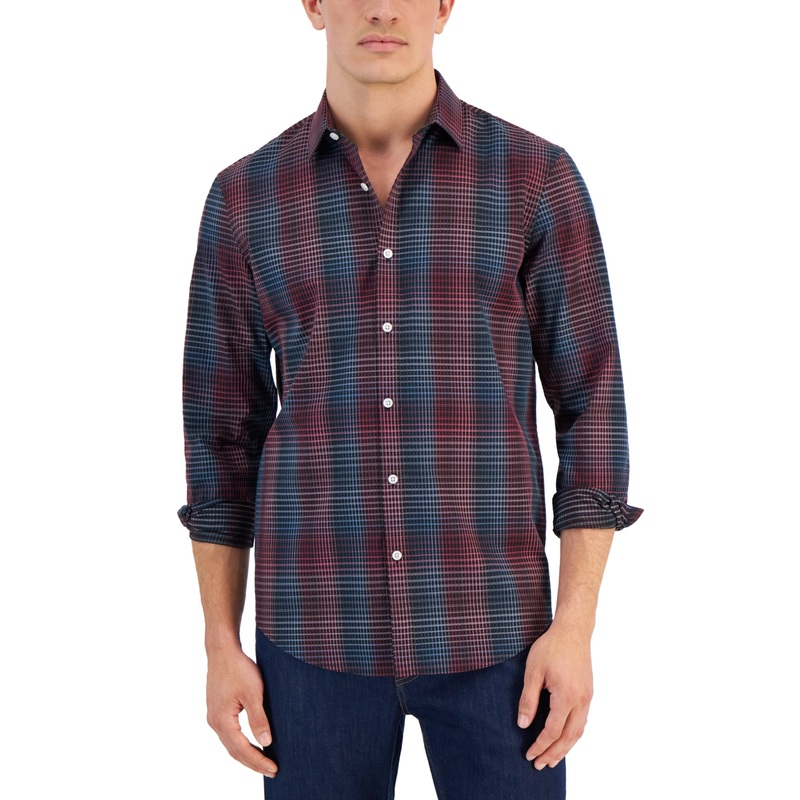 Alfani Mens Grad Plaid Yarn Dyed Long Sleeve Button Down Shirt Deep Black Red XL