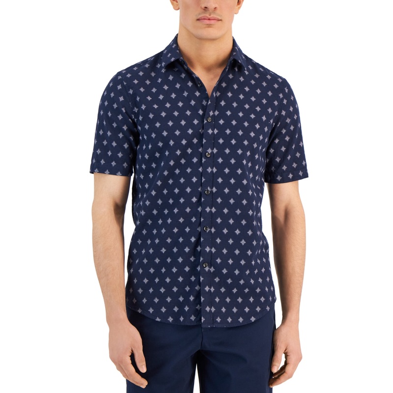 Alfani Mens Mecca Classic Fit Short Sleeve Button Down Shirt Neo Navy 2XL
